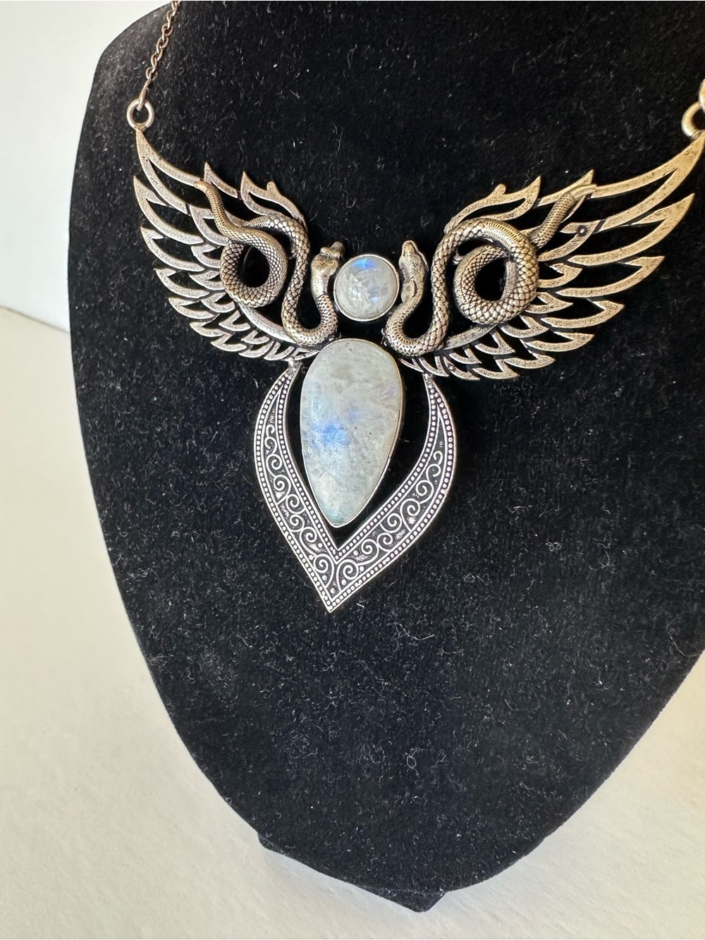 Large Moonstone Wings & Snakes Pendant Necklace